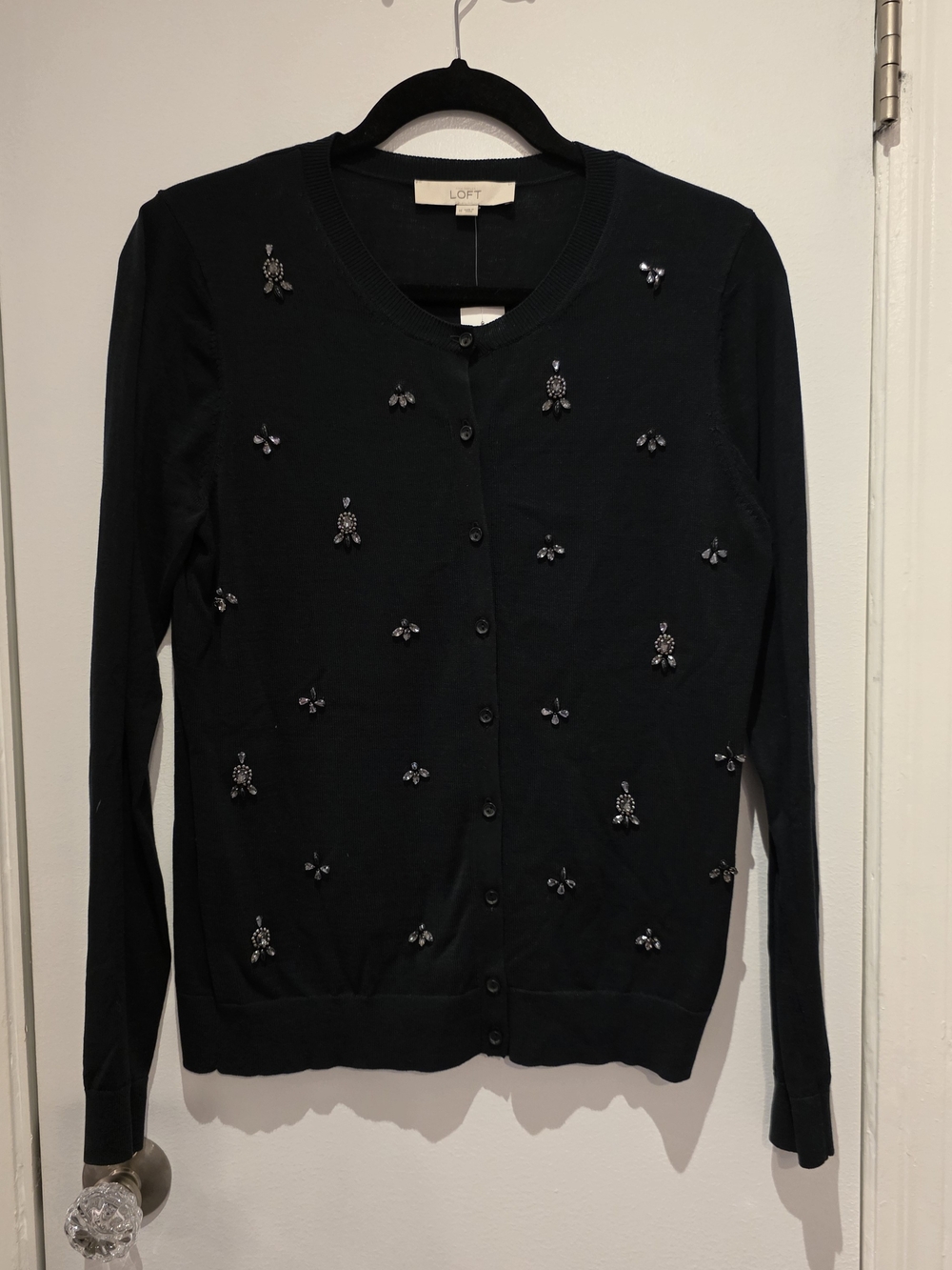 LOFT Black Embellished Crewneck Cardigan Sweater - Size M